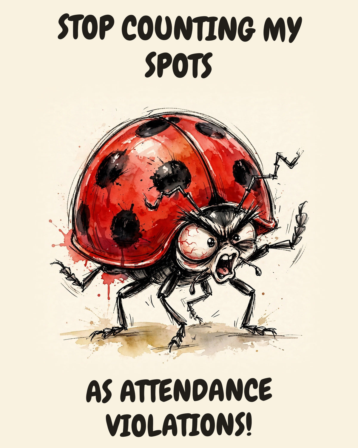 Ladybug watercolor art print with the saying "STOP COUNTING MY SPOTS AS ATTENDANCE VIOLATIONS!"