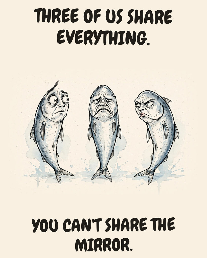 Sardines watercolor art print with the saying "THREE OF US SHARE EVERYTHING. YOU CAN'T SHARE THE MIRROR."