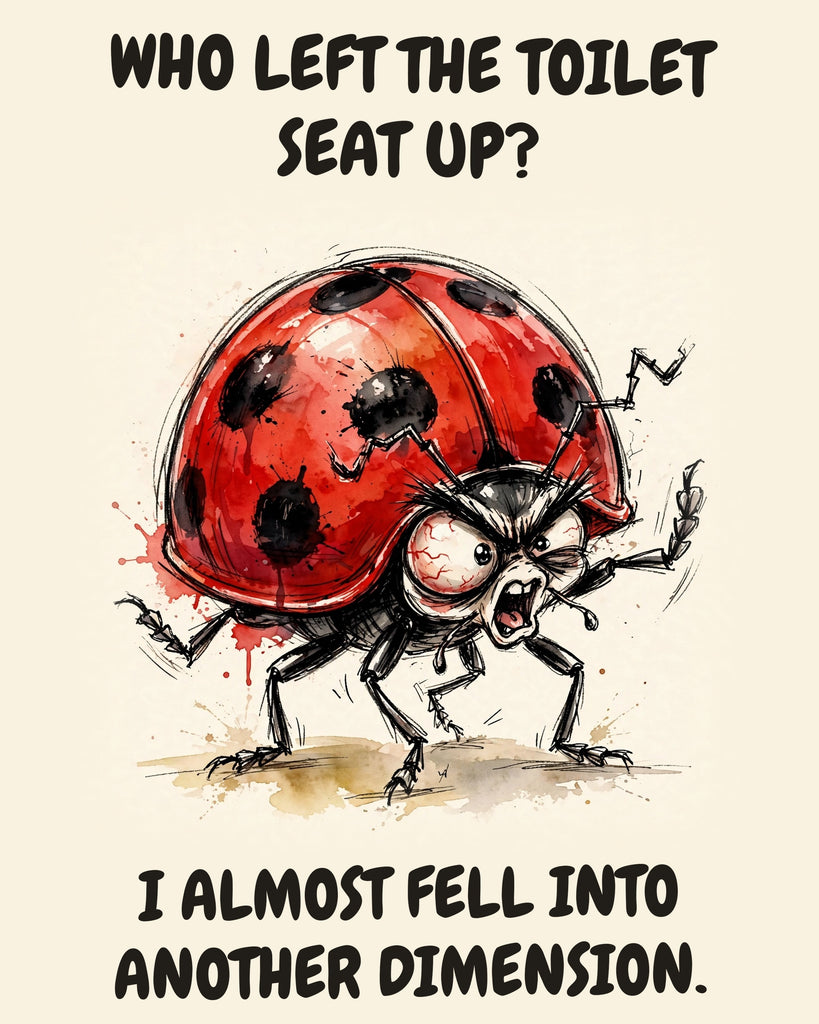 Ladybug watercolor art print with the saying "WHO LEFT THE TOILET SEAT UP? I ALMOST FELL INTO ANOTHER DIMENSION."