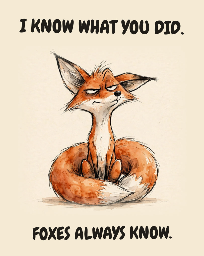 Fox watercolor art print with the saying "I KNOW WHAT YOU DID. FOXES ALWAYS KNOW."