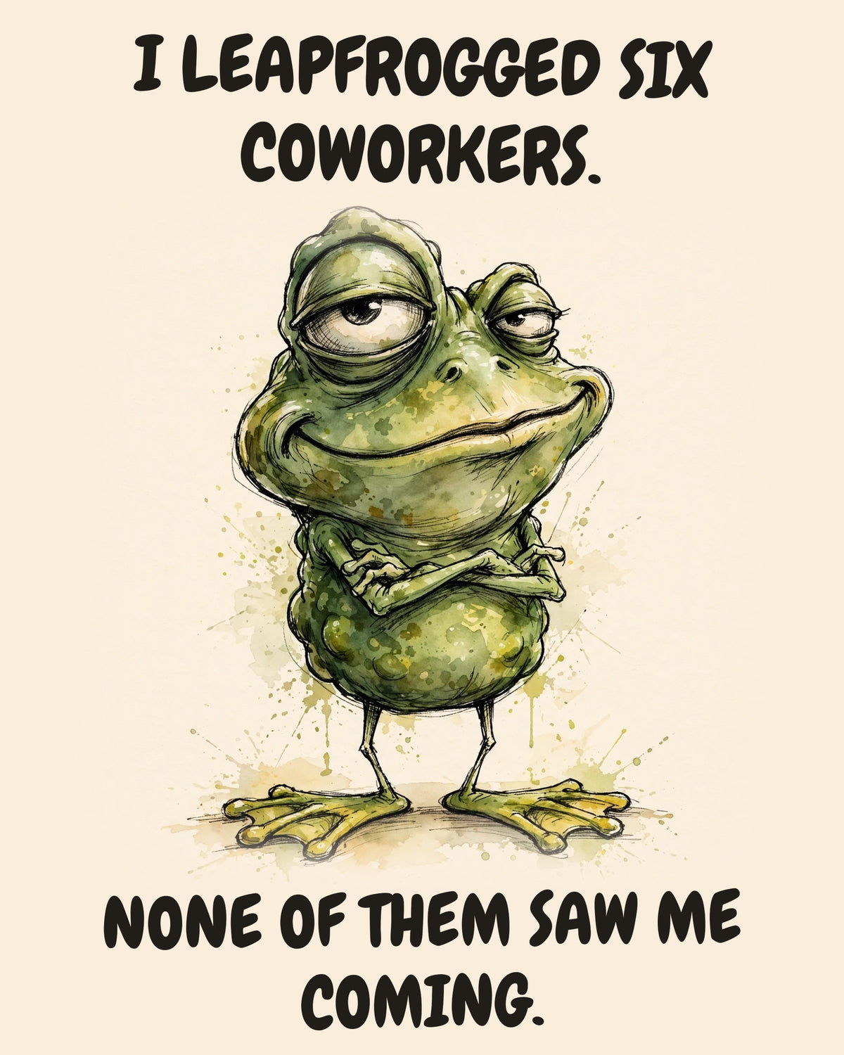 Frog watercolor art print with the saying "I LEAPFROGGED SIX COWORKERS. NONE OF THEM SAW ME COMING."