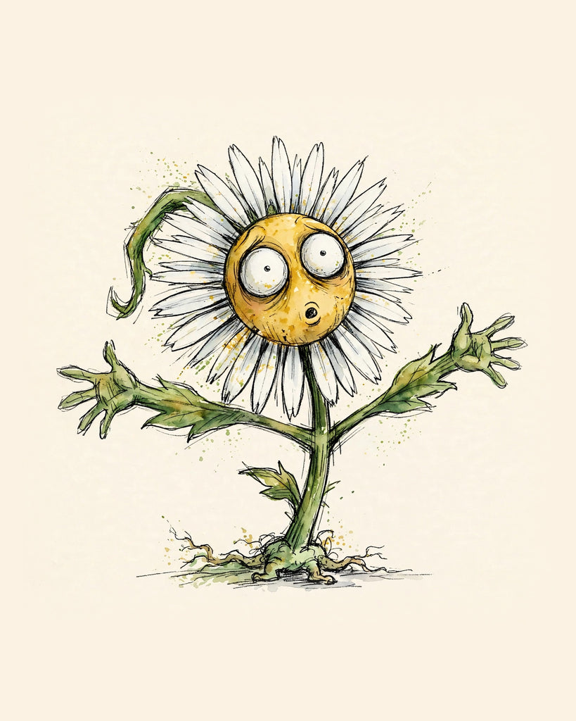 Wordless horrified Daisies watercolor art print — the artwork alone on a warm cream background, no text