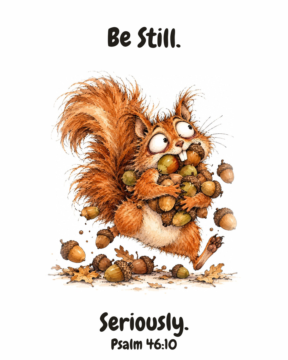 HOLY MOLY! Hyperactive Squirrel watercolor art print with the headline "Be Still. Seriously." — Psalm 46:10