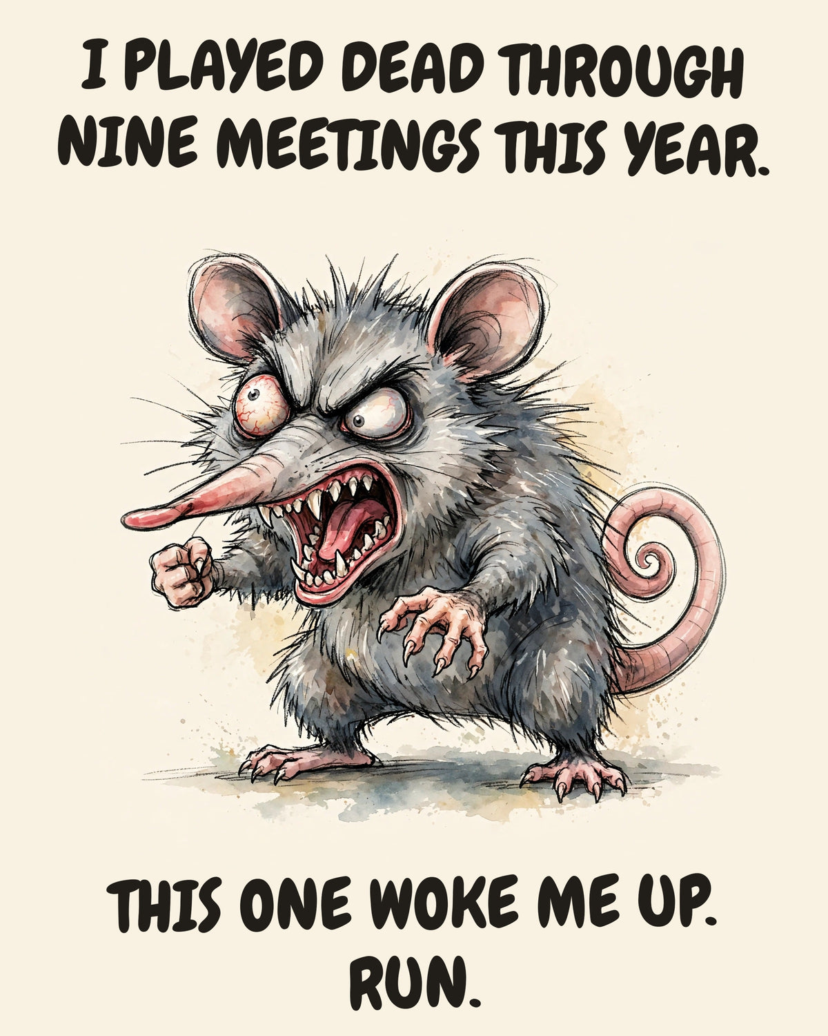 Possum watercolor art print with the saying "I PLAYED DEAD THROUGH NINE MEETINGS THIS YEAR. THIS ONE WOKE ME UP. RUN."