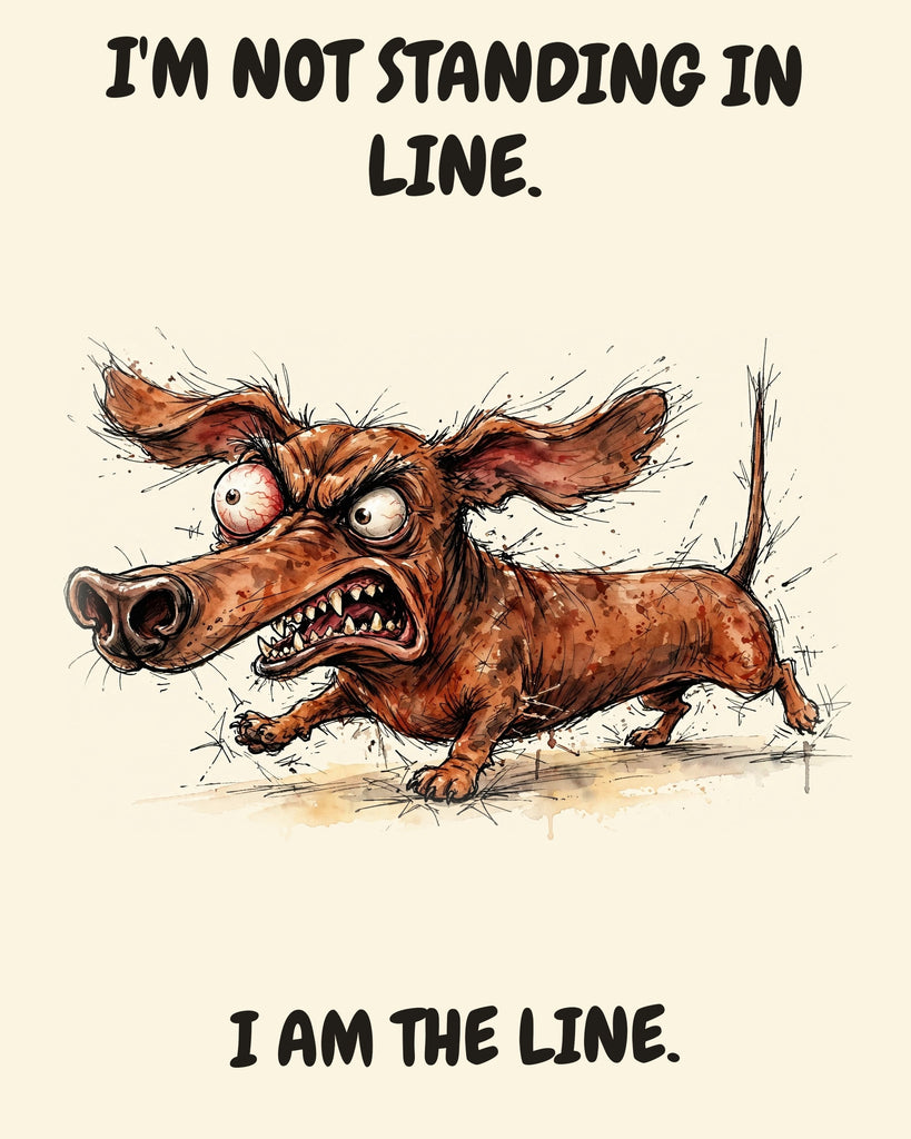 Dachshund watercolor art print with the saying "I'M NOT STANDING IN LINE. I AM THE LINE."