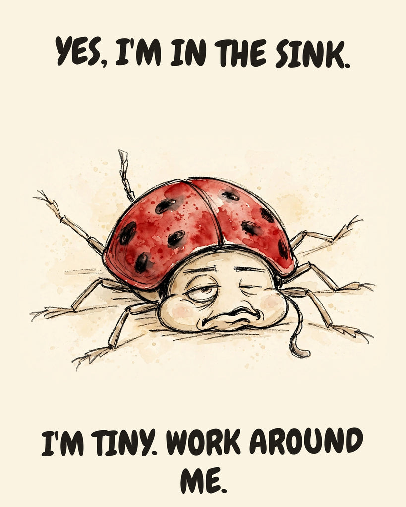 Ladybug watercolor art print with the saying "YES, I'M IN THE SINK. I'M TINY. WORK AROUND ME."