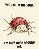 Ladybug watercolor art print with the saying "YES, I'M IN THE SINK. I'M TINY. WORK AROUND ME."