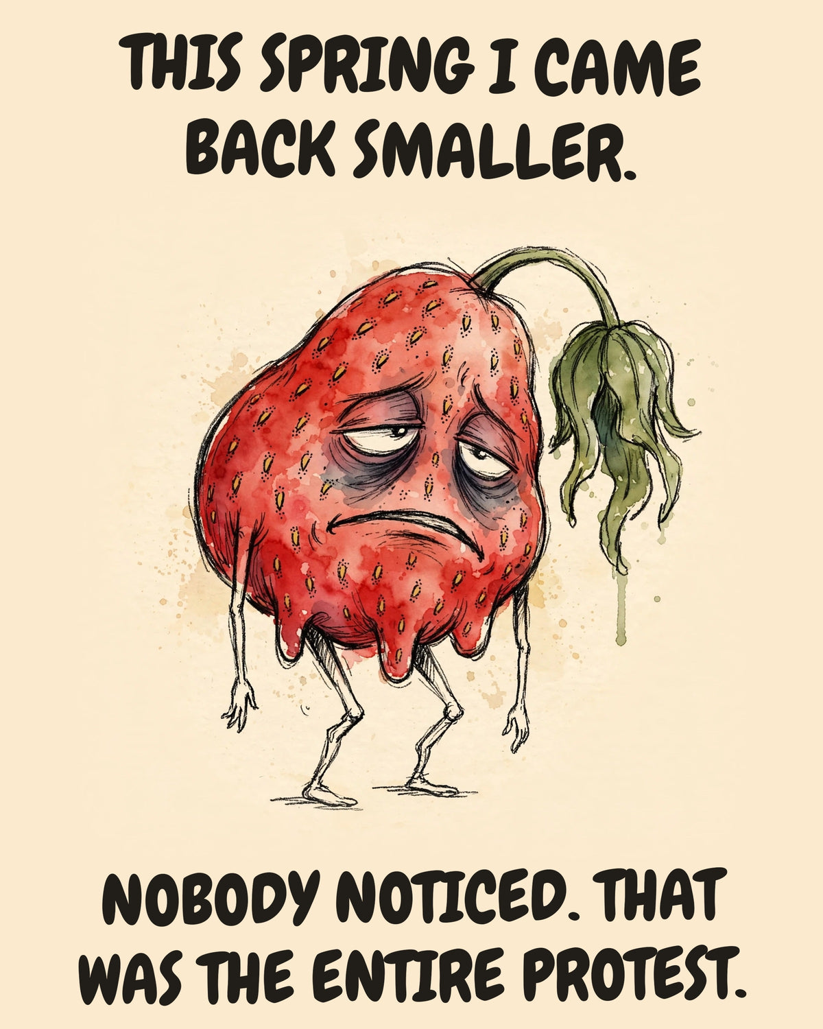 Strawberry watercolor art print with the saying "THIS SPRING I CAME BACK SMALLER. NOBODY NOTICED. THAT WAS THE ENTIRE PROTEST."