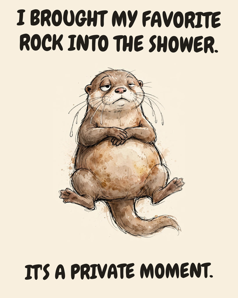 Otter watercolor art print with the saying "I BROUGHT MY FAVORITE ROCK INTO THE SHOWER. IT'S A PRIVATE MOMENT."
