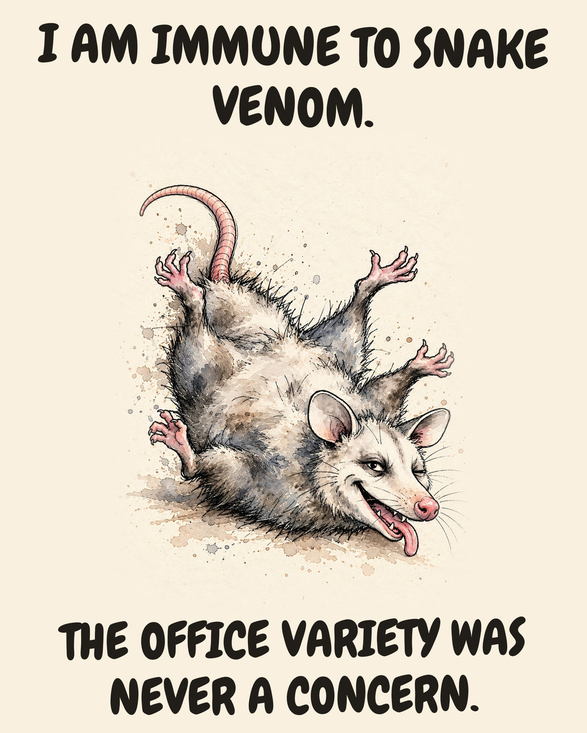 Unbothered Possum office art print in watercolor style, an unbothered possum in a moment of perfect workplace serenity, captioned “I AM IMMUNE TO SNAKE VENOM. THE OFFICE VARIETY WAS NEVER A CONCERN.”