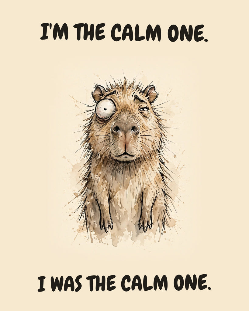 Capybara watercolor art print with the saying "I'M THE CALM ONE. I WAS THE CALM ONE."