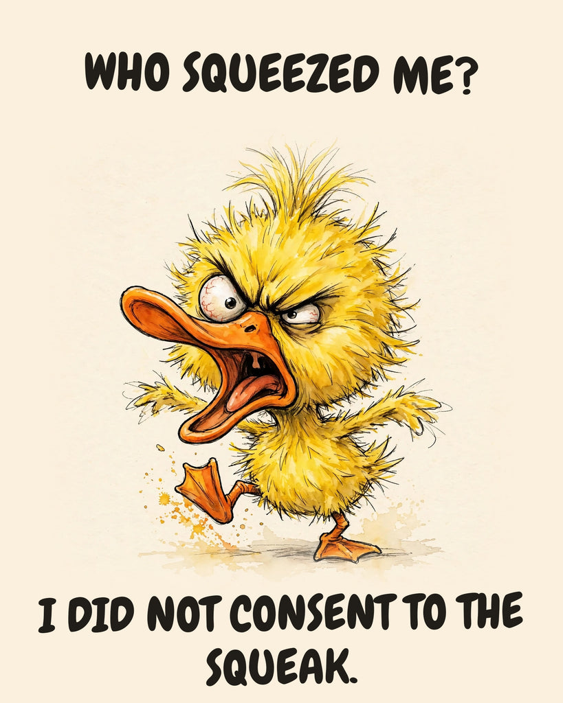 Yellow Duck watercolor art print with the saying "WHO SQUEEZED ME? I DID NOT CONSENT TO THE SQUEAK."