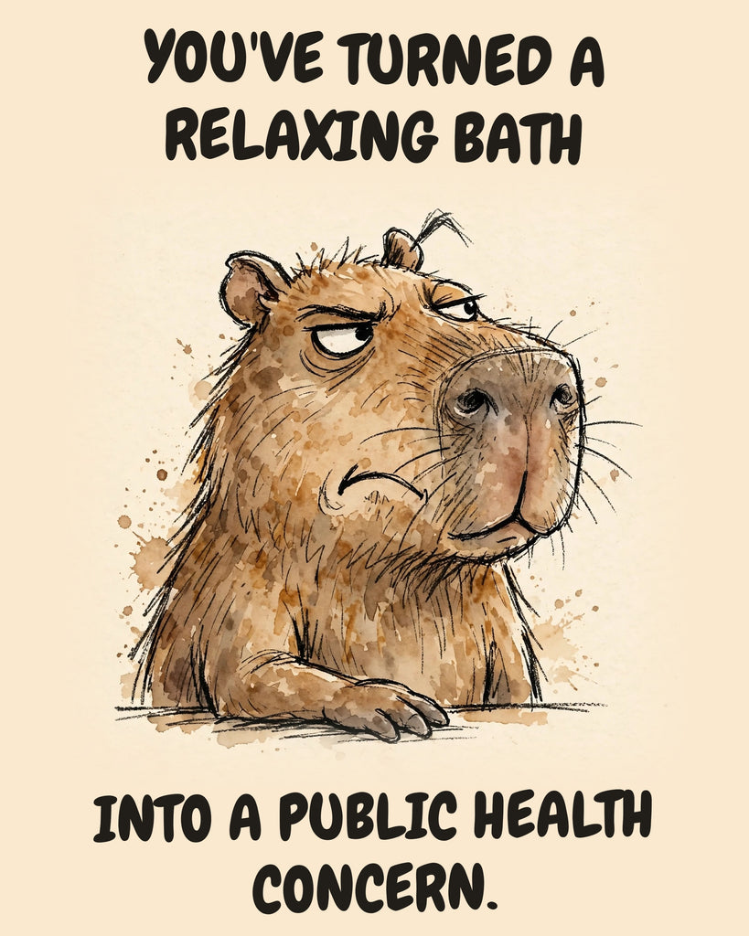 Capybara watercolor art print with the saying "YOU'VE TURNED A RELAXING BATH INTO A PUBLIC HEALTH CONCERN."
