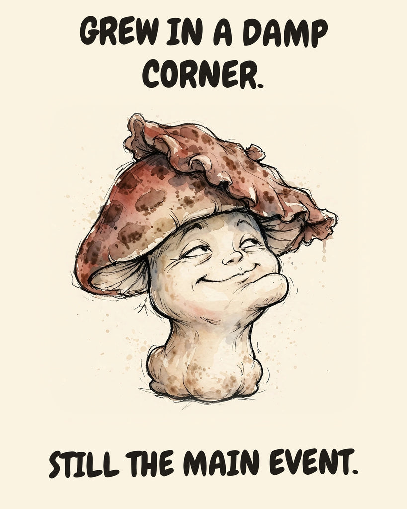 Mushroom watercolor art print with the saying "GREW IN A DAMP CORNER. STILL THE MAIN EVENT."