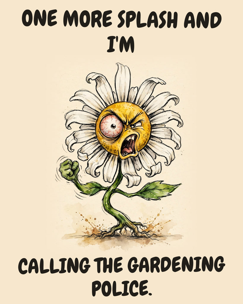 Daisies watercolor art print with the saying "ONE MORE SPLASH AND I'M CALLING THE GARDENING POLICE."