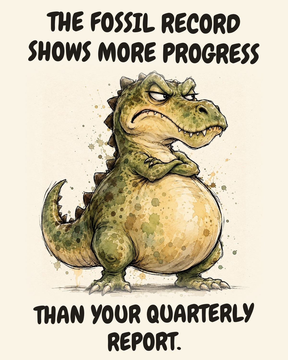 Green Dinosaur watercolor art print with the saying "THE FOSSIL RECORD SHOWS MORE PROGRESS THAN YOUR QUARTERLY REPORT."