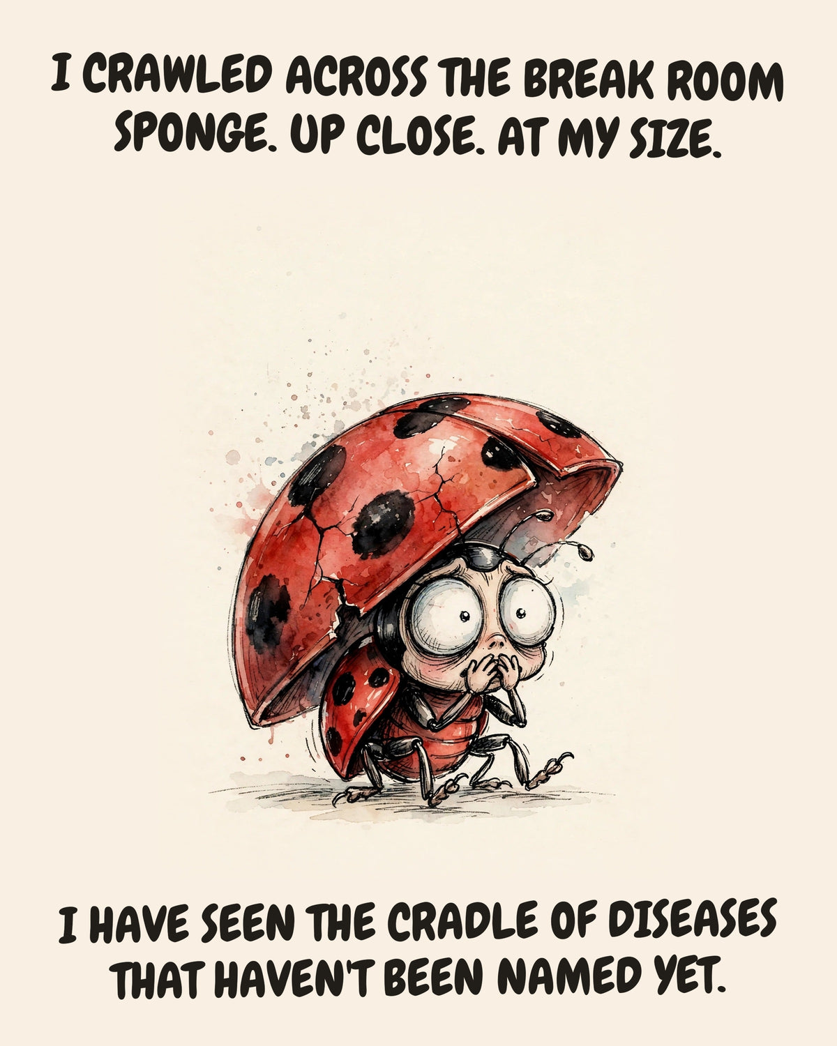 Ladybug watercolor art print with the saying "I CRAWLED ACROSS THE BREAK ROOM SPONGE. UP CLOSE. AT MY SIZE. I HAVE SEEN THE CRADLE OF DISEASES THAT HAVEN'T BEEN NAMED YET."