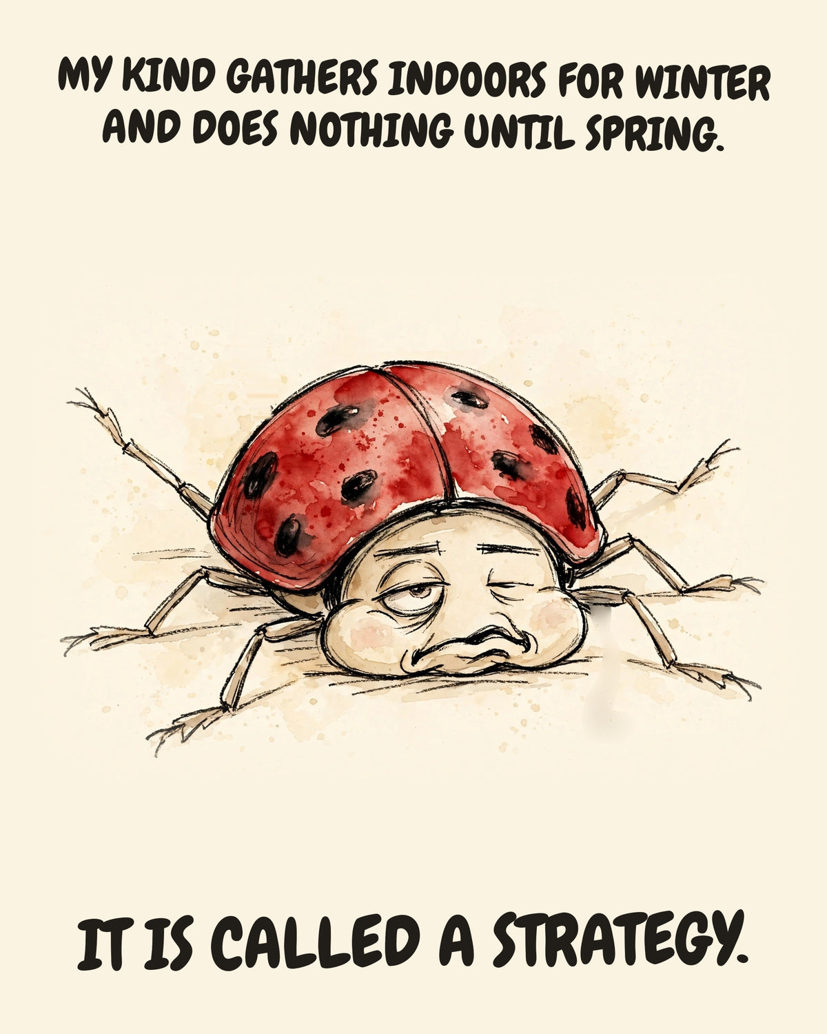 Unbothered Ladybug office art print in watercolor style, an unbothered ladybug in a moment of perfect workplace serenity, captioned “MY KIND GATHERS INDOORS FOR WINTER AND DOES NOTHING UNTIL SPRING. IT IS CALLED A STRATEGY.”