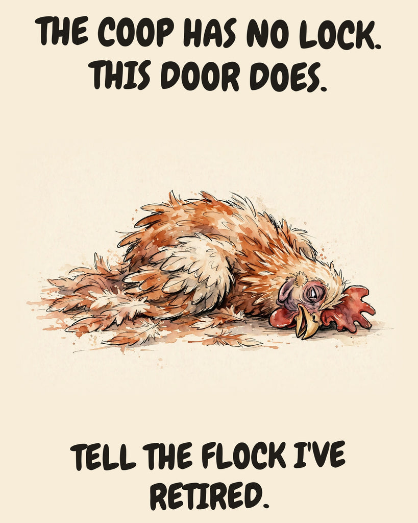 Chicken watercolor art print with the saying "THE COOP HAS NO LOCK. THIS DOOR DOES. TELL THE FLOCK I'VE RETIRED."