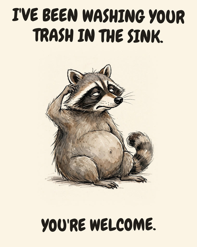 Raccoon watercolor art print with the saying "I'VE BEEN WASHING YOUR TRASH IN THE SINK. YOU'RE WELCOME."