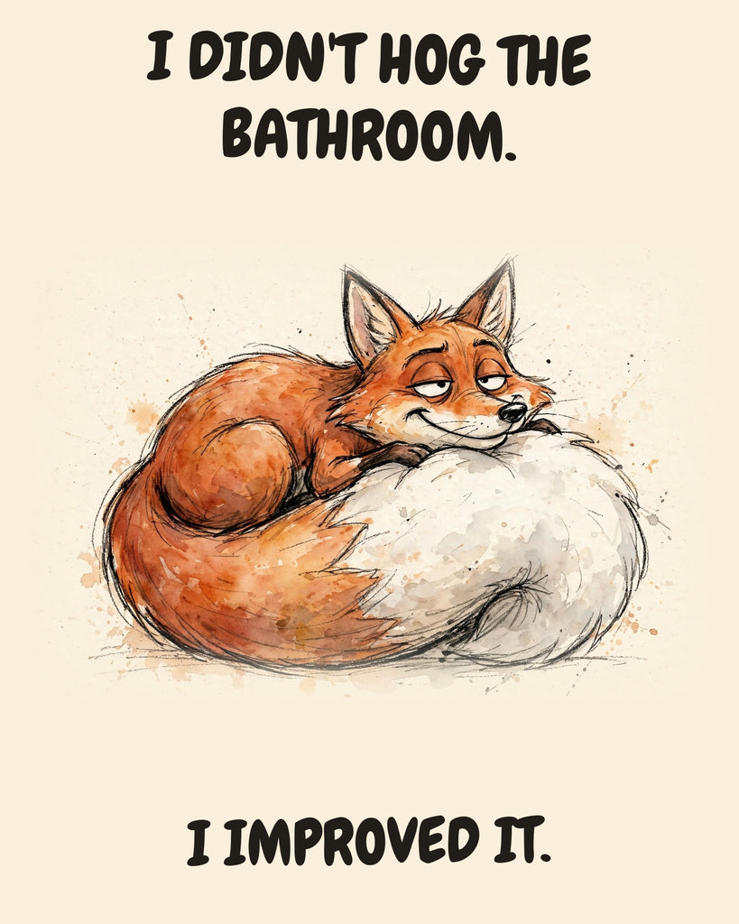 Fox watercolor art print with the saying "I DIDN'T HOG THE BATHROOM. I IMPROVED IT."