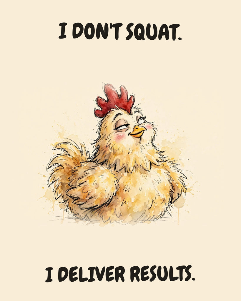 Chicken watercolor art print with the saying "I DON'T SQUAT. I DELIVER RESULTS."
