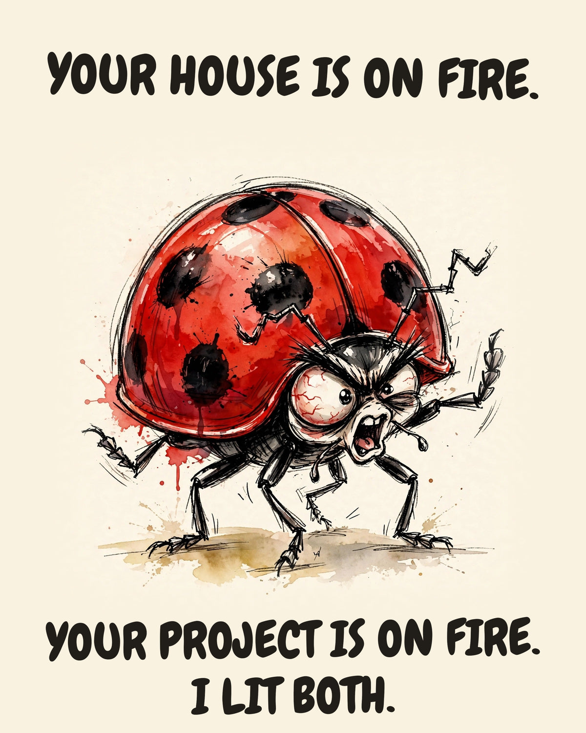 Ladybug watercolor art print with the saying "YOUR HOUSE IS ON FIRE. YOUR PROJECT IS ON FIRE. I LIT BOTH."