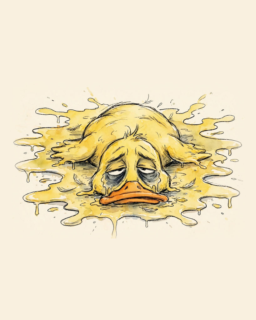 Wordless exhausted Yellow Duck watercolor art print — the artwork alone on a warm cream background, no text