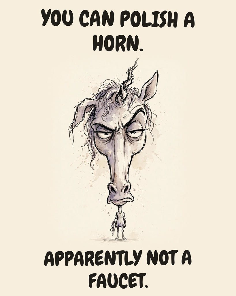 Unicorn watercolor art print with the saying "YOU CAN POLISH A HORN. APPARENTLY NOT A FAUCET."