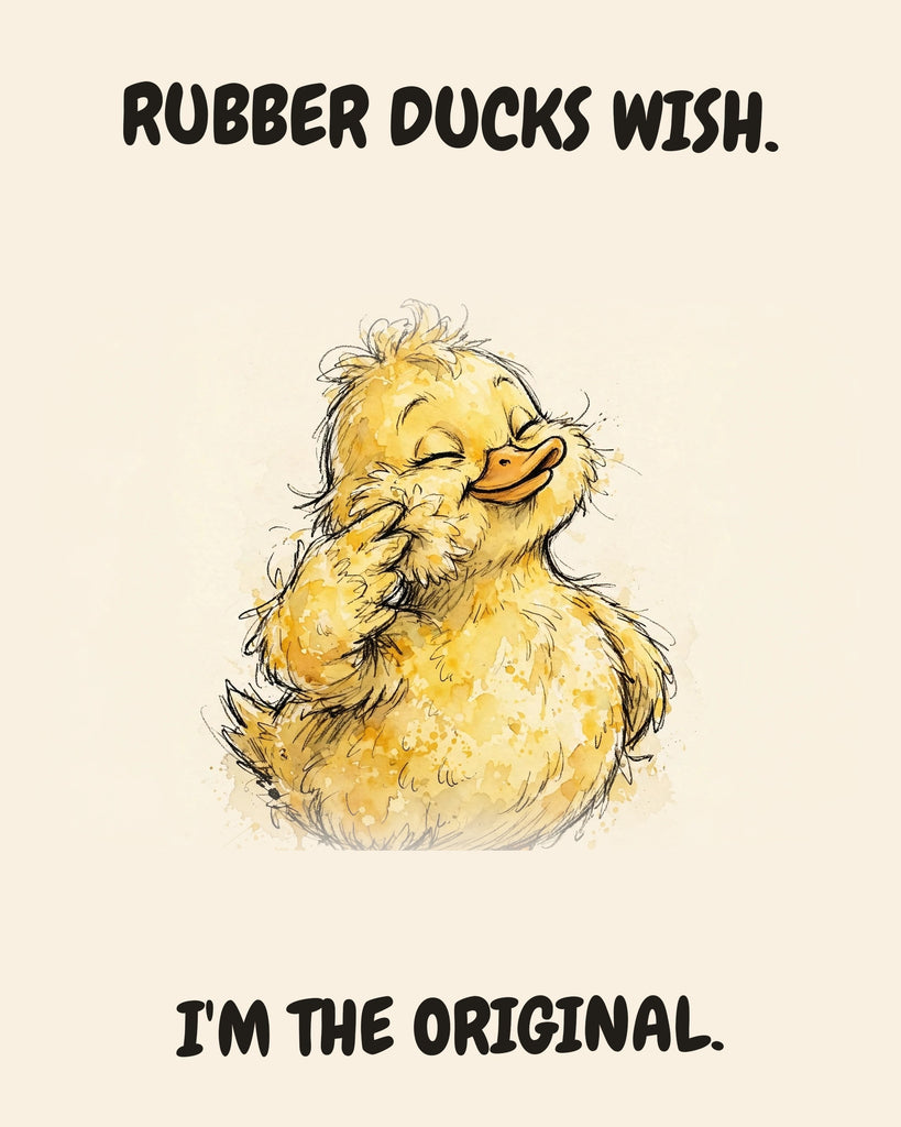 Yellow Duck watercolor art print with the saying "RUBBER DUCKS WISH. I'M THE ORIGINAL."