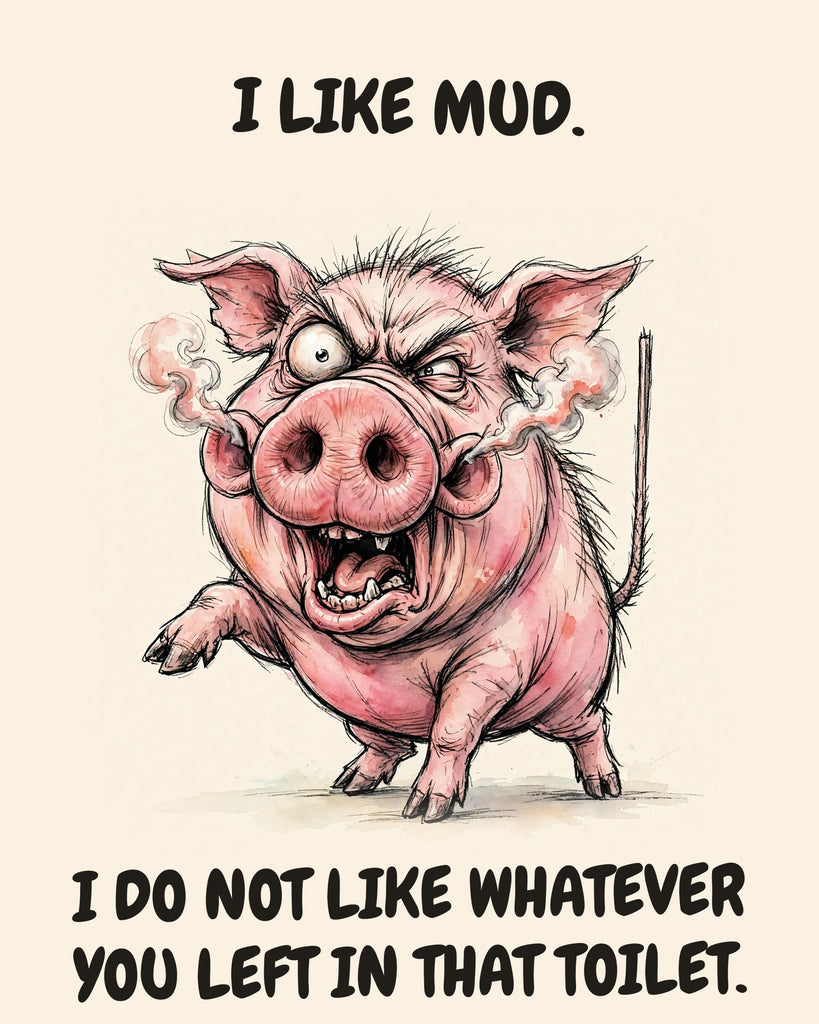 Pig watercolor art print with the saying "I LIKE MUD. I DO NOT LIKE WHATEVER YOU LEFT IN THAT TOILET."