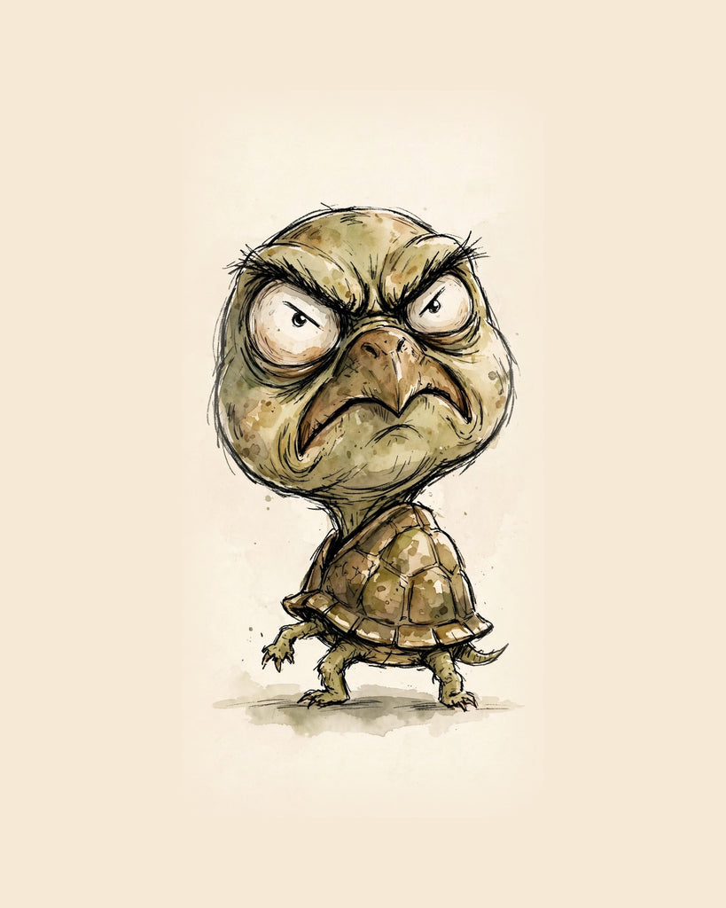 Wordless furious Turtle watercolor art print — the artwork alone on a warm cream background, no text