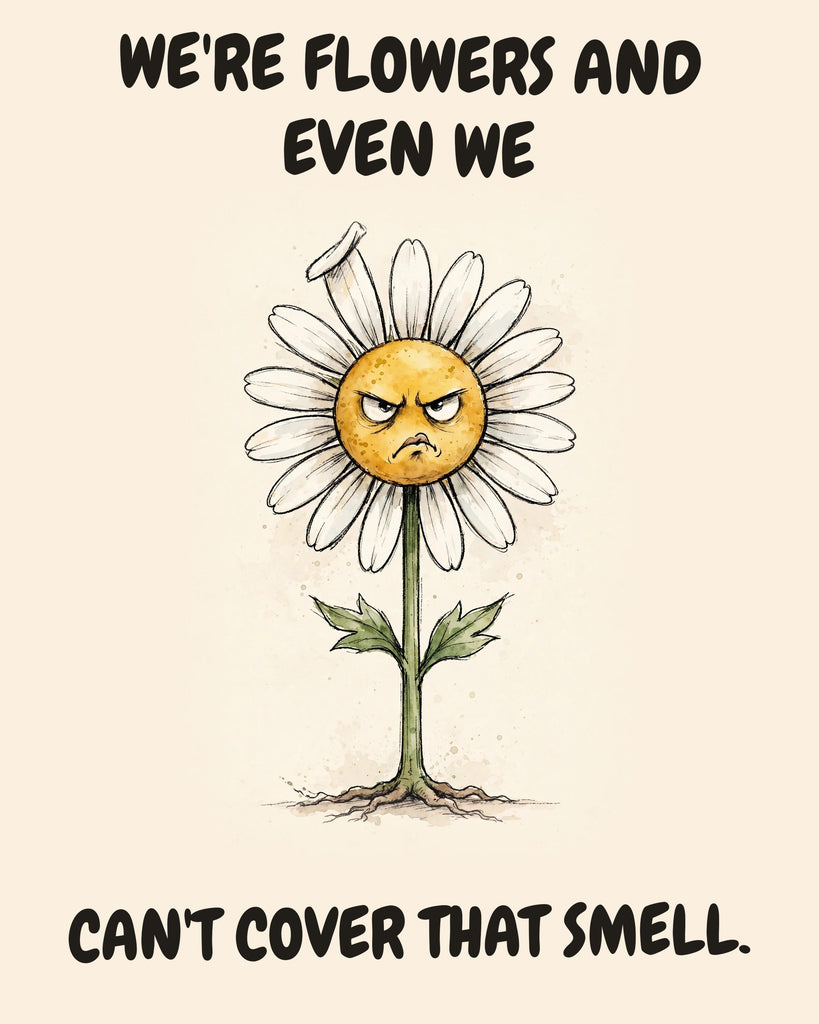 Daisies watercolor art print with the saying "WE'RE FLOWERS AND EVEN WE CAN'T COVER THAT SMELL."