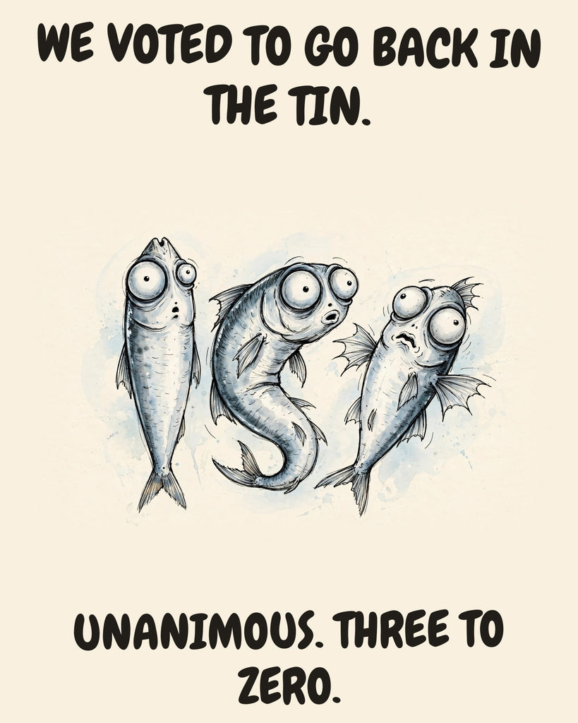 Sardines watercolor art print with the saying "WE VOTED TO GO BACK IN THE TIN. UNANIMOUS. THREE TO ZERO."