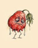 Wordless exhausted Strawberry watercolor art print — the artwork alone on a warm cream background, no text