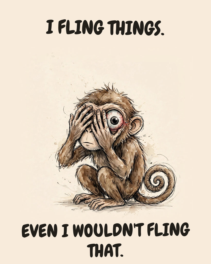 Monkey watercolor art print with the saying "I FLING THINGS. EVEN I WOULDN'T FLING THAT."