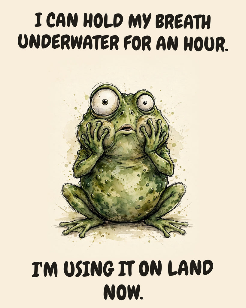 Frog watercolor art print with the saying "I CAN HOLD MY BREATH UNDERWATER FOR AN HOUR. I'M USING IT ON LAND NOW."