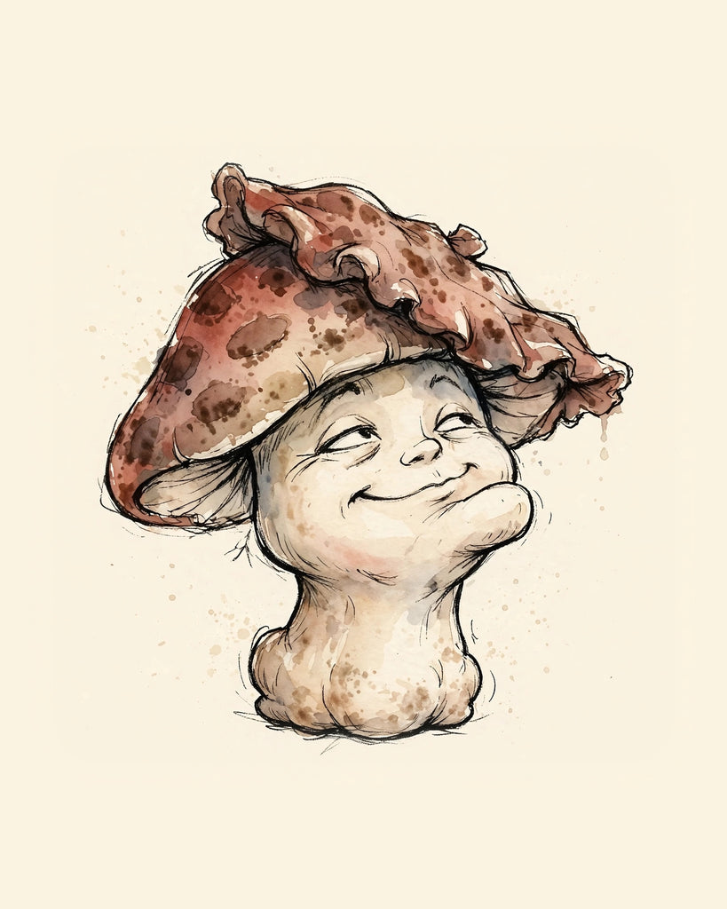 Wordless smug Mushroom watercolor art print — the artwork alone on a warm cream background, no text