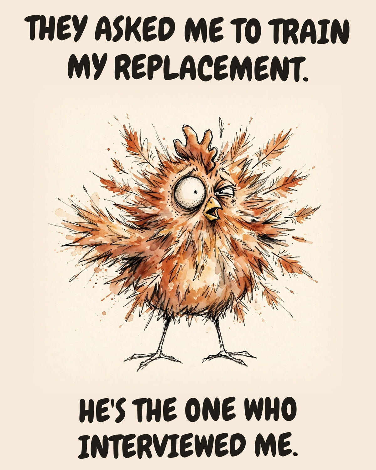 Chicken watercolor art print with the saying "THEY ASKED ME TO TRAIN MY REPLACEMENT. HE'S THE ONE WHO INTERVIEWED ME."