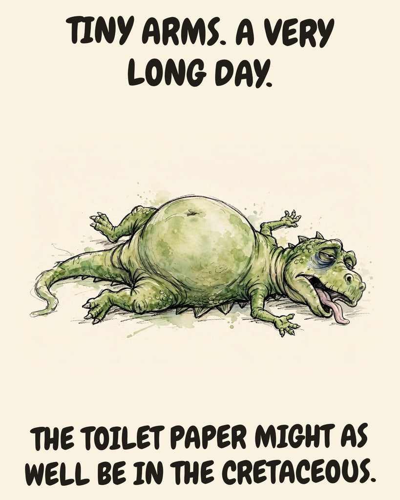 Green Dinosaur watercolor art print with the saying "TINY ARMS. A VERY LONG DAY. THE TOILET PAPER MIGHT AS WELL BE IN THE CRETACEOUS."