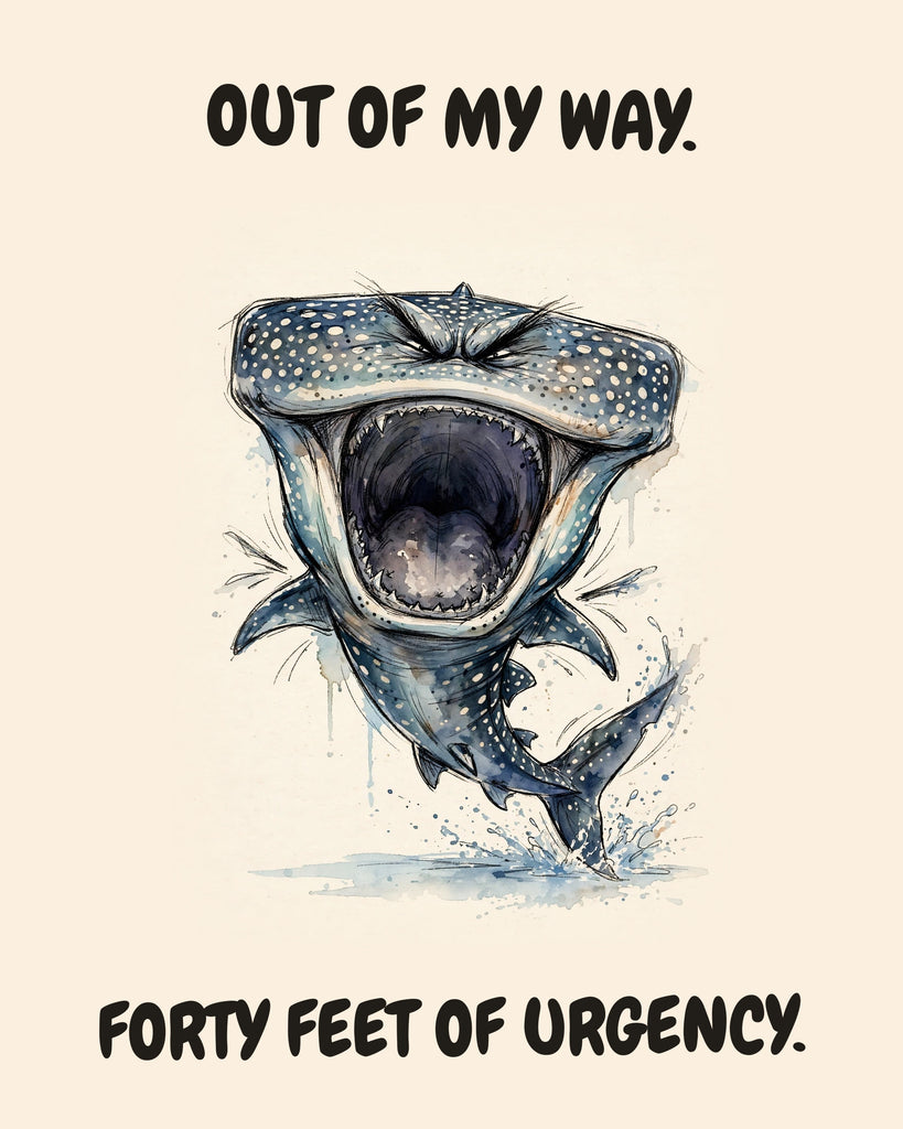 Whale Shark watercolor art print with the saying "OUT OF MY WAY. FORTY FEET OF URGENCY."