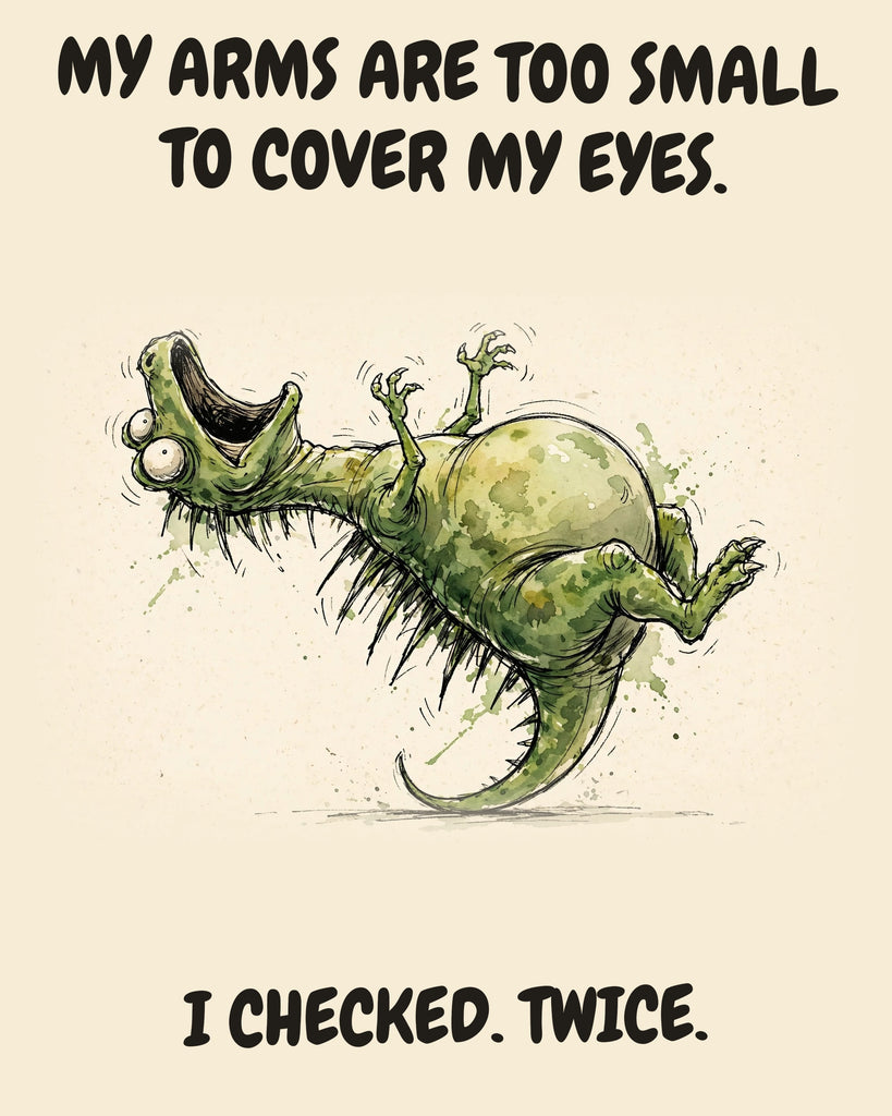 Green Dinosaur watercolor art print with the saying "MY ARMS ARE TOO SMALL TO COVER MY EYES. I CHECKED. TWICE."