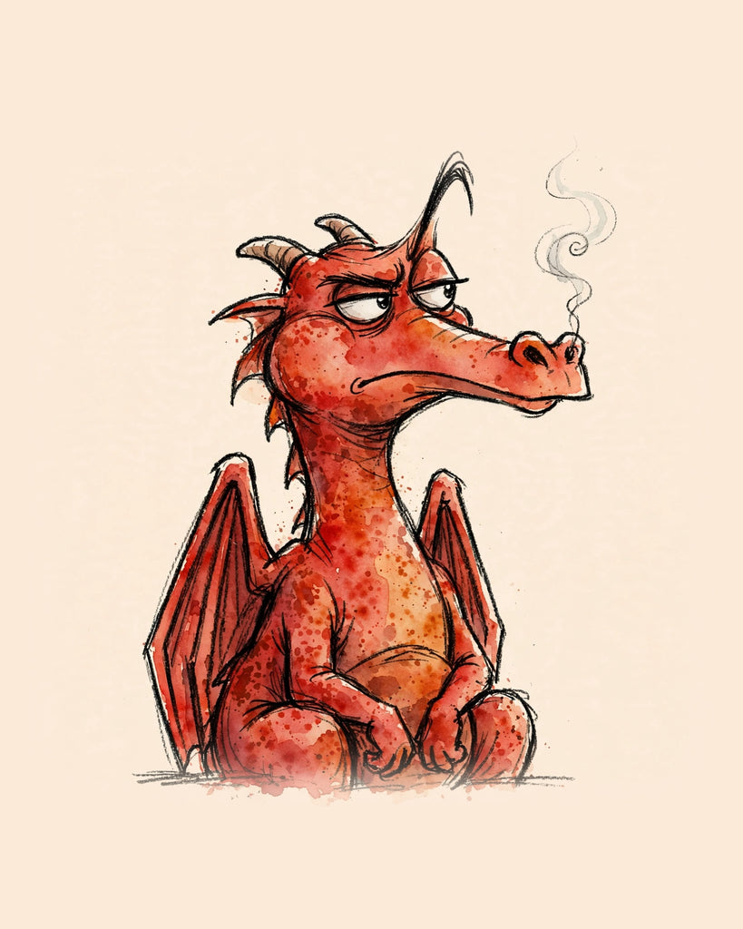 Wordless judgmental Red Dragon watercolor art print — the artwork alone on a warm cream background, no text
