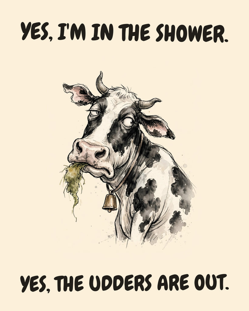 Cow watercolor art print with the saying "YES, I'M IN THE SHOWER. YES, THE UDDERS ARE OUT."