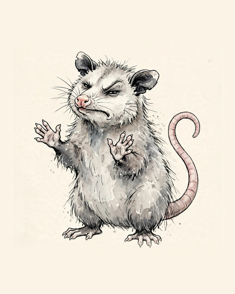 Wordless judgmental Possum watercolor art print — the artwork alone on a warm cream background, no text