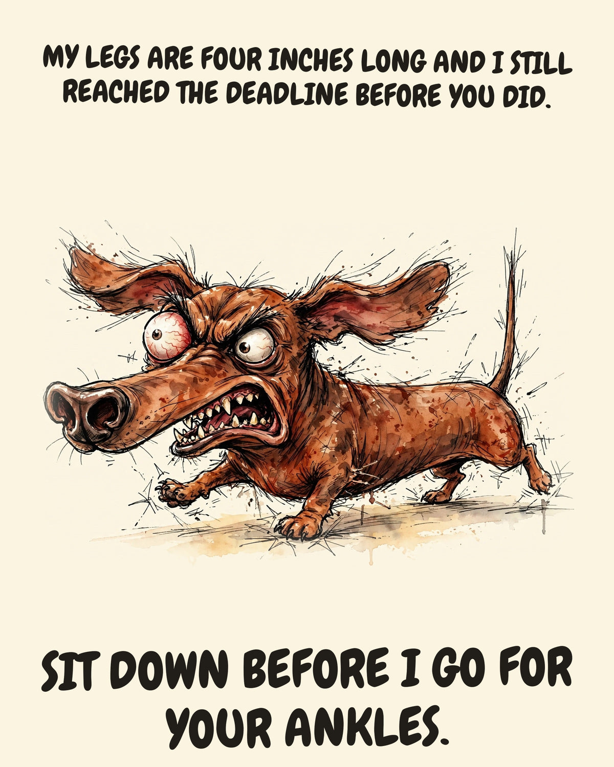Dachshund watercolor art print with the saying "MY LEGS ARE FOUR INCHES LONG AND I STILL REACHED THE DEADLINE BEFORE YOU DID. SIT DOWN BEFORE I GO FOR YOUR ANKLES."