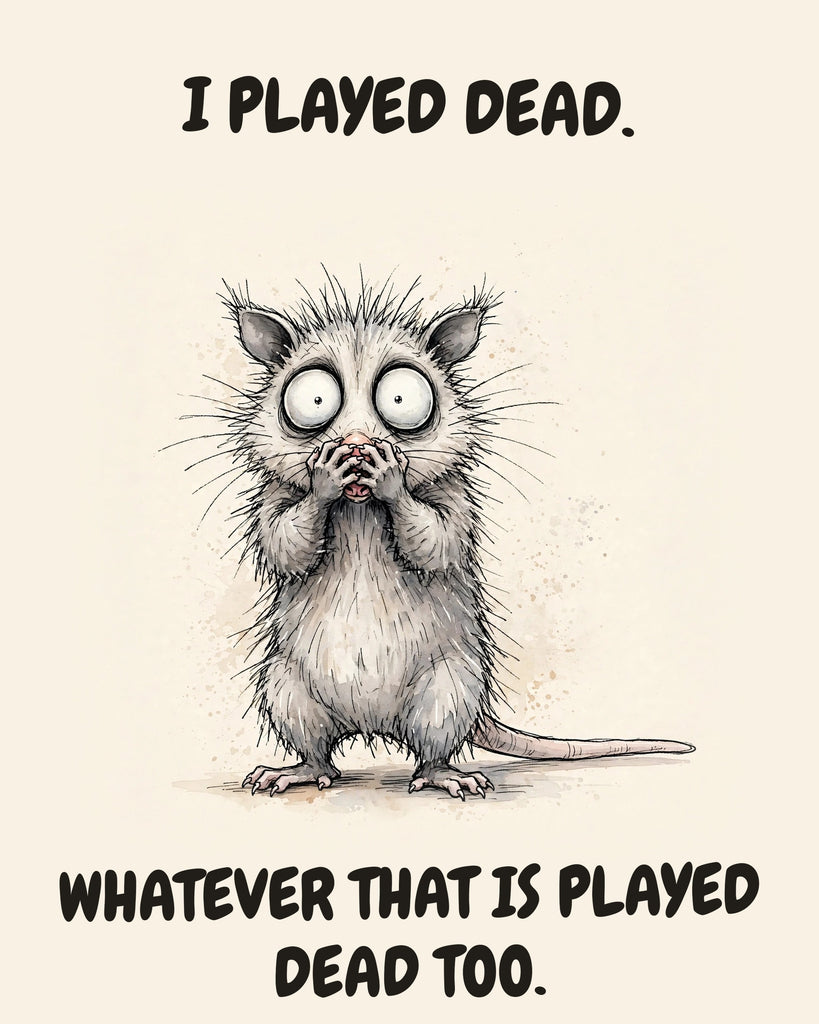 Possum watercolor art print with the saying "I PLAYED DEAD. WHATEVER THAT IS PLAYED DEAD TOO."