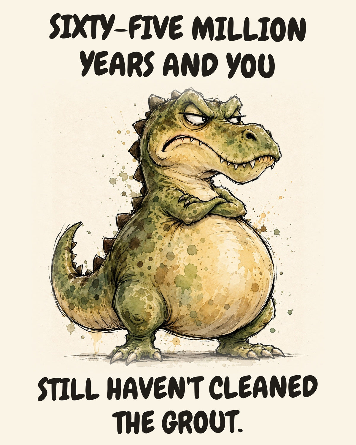 Green Dinosaur watercolor art print with the saying "SIXTY-FIVE MILLION YEARS AND YOU STILL HAVEN'T CLEANED THE GROUT."
