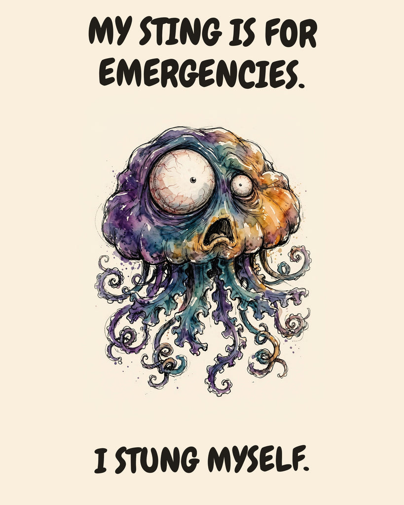 Jellyfish watercolor art print with the saying "MY STING IS FOR EMERGENCIES. I STUNG MYSELF."