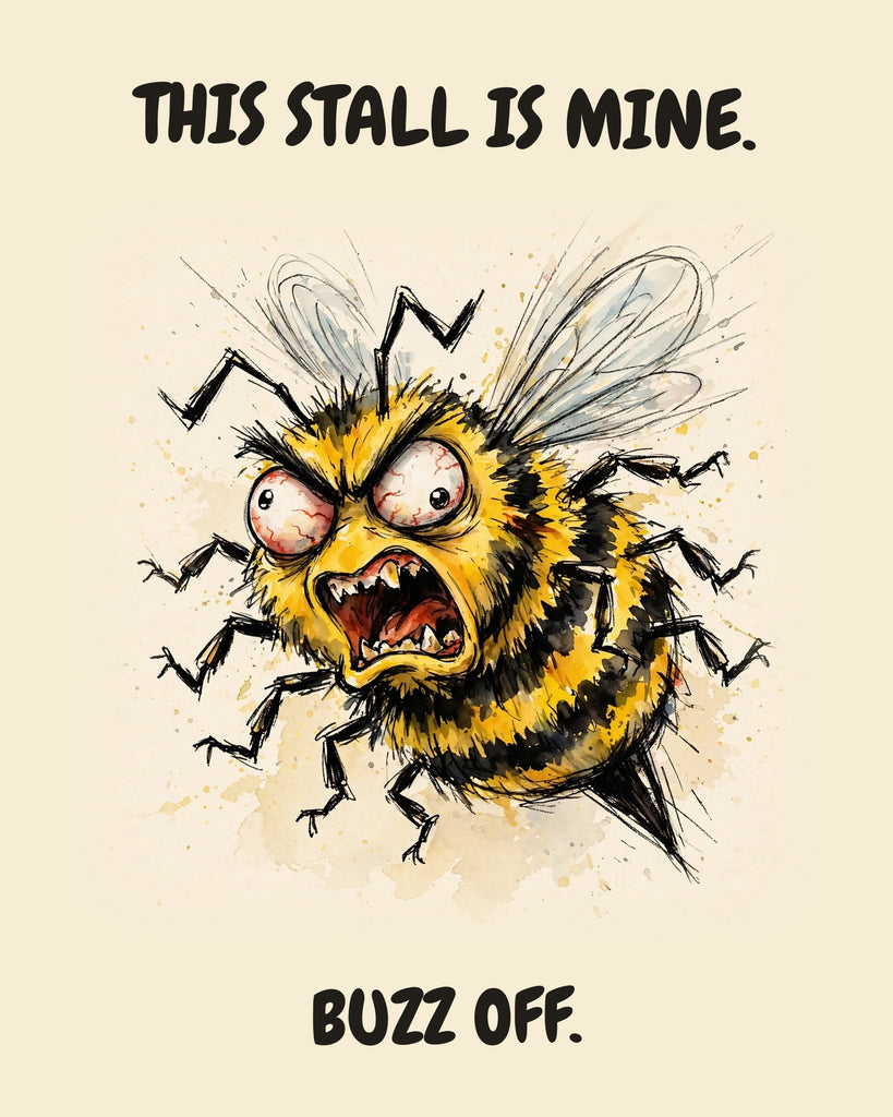 Bee watercolor art print with the saying "THIS STALL IS MINE. BUZZ OFF."